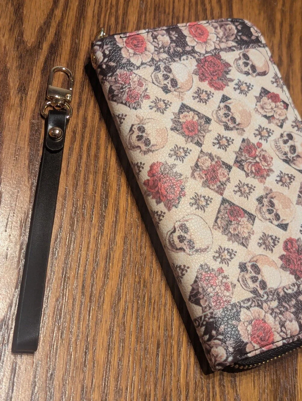 Skullette Mournaire Skull & Roses Vegan Faux Leather Long Wristlet Wallet NEW!